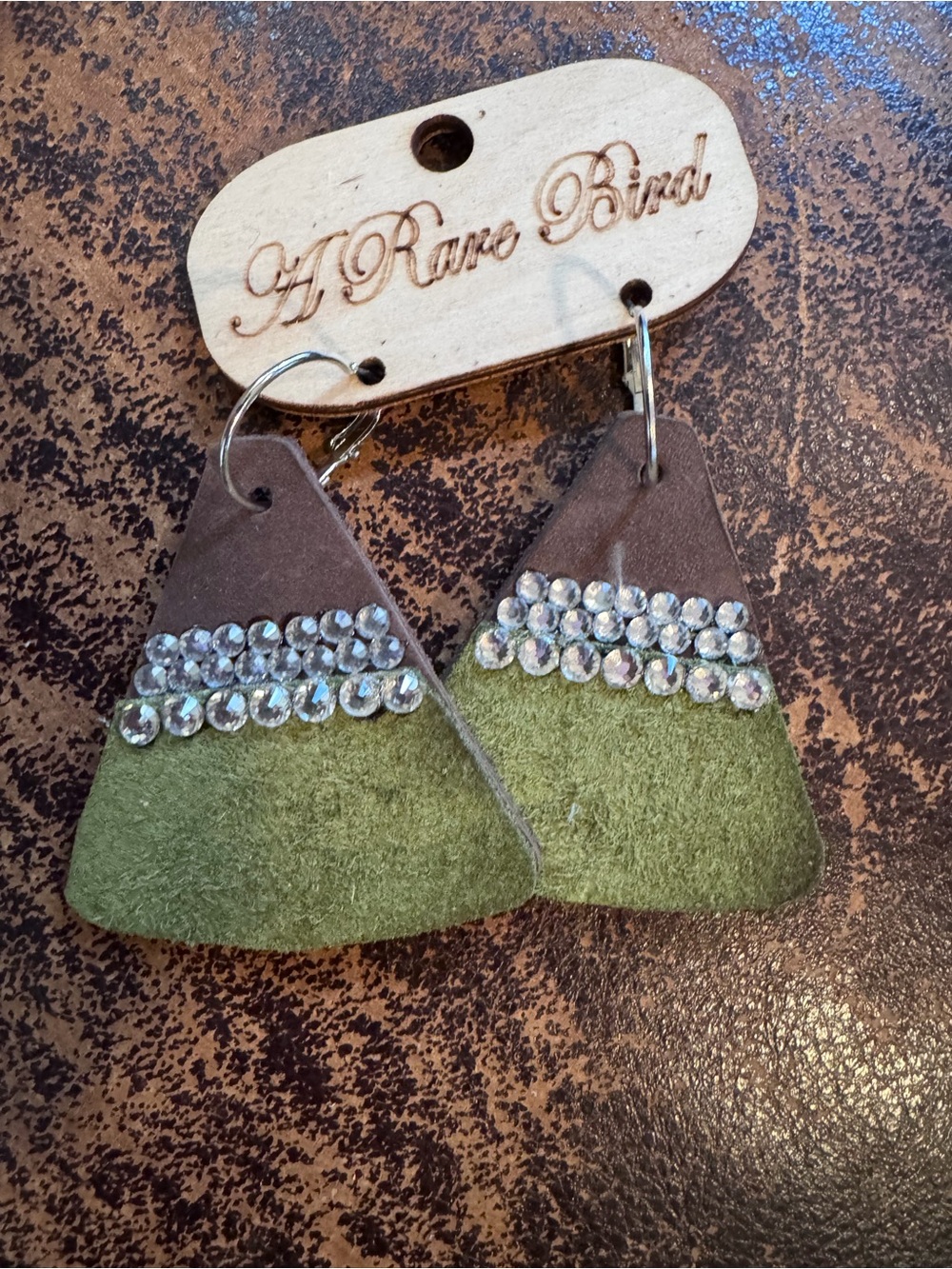 A Rare Bird Olive Green & Brown Suede Crystal Drop Earrings